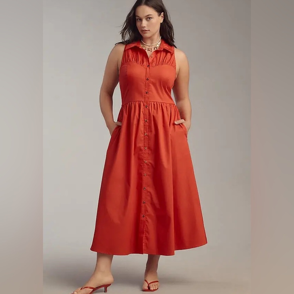 NEW Anthropologie Hutch Vivian Poplin Sleeveless Shirtdress In Poppy Red - Picture 3 of 11